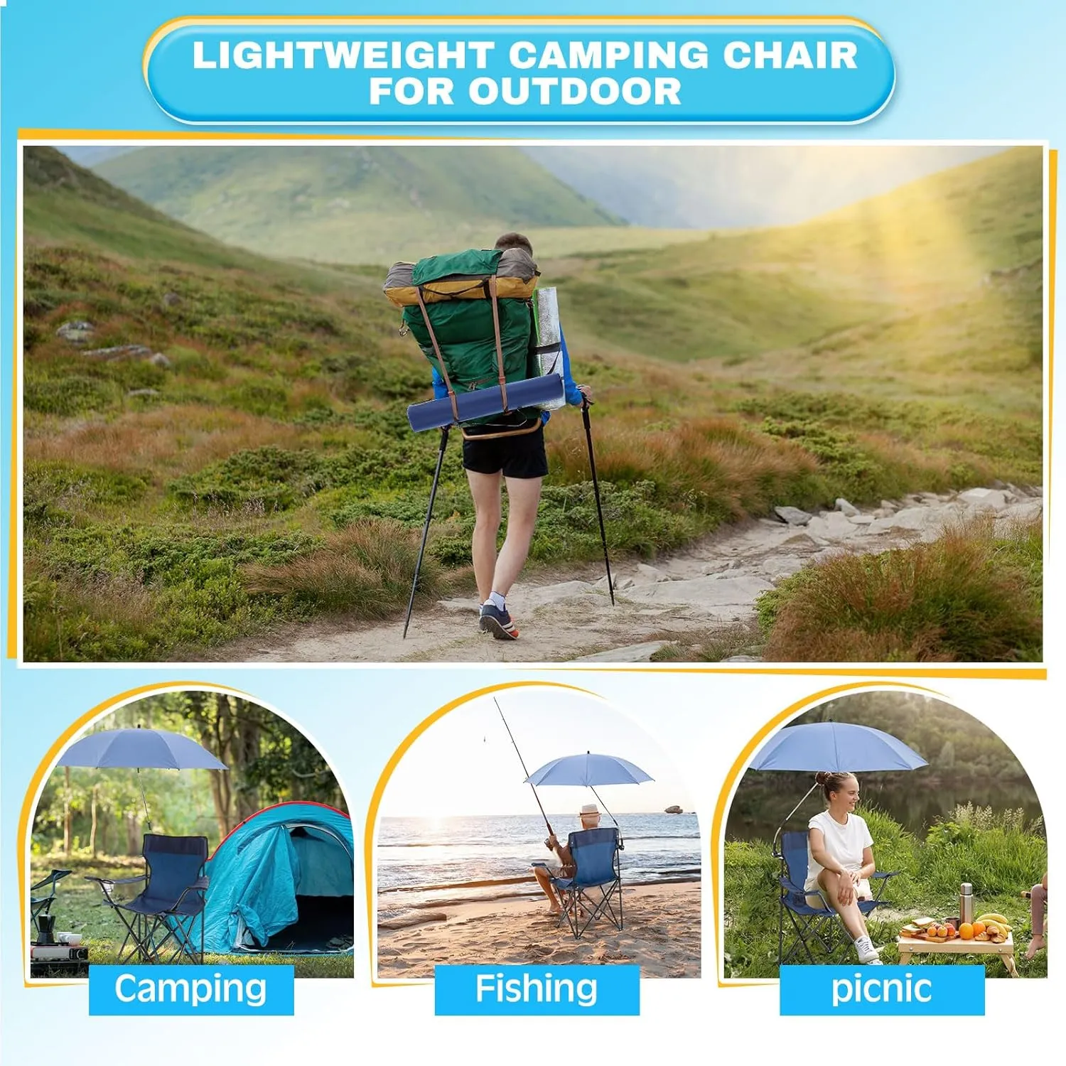 2 Pcs Foldable Camping Chair with Umbrella Set of 2 Camp Chairs for Adults Folding Picnic Seat Foldable Lawn Seat for Outdoors Fishing Hiking Travel Picnic Beach Patio (Blue)