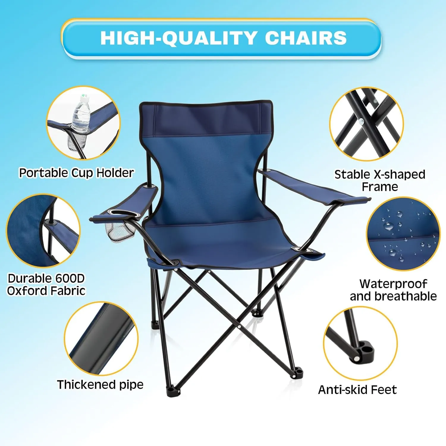 2 Pcs Foldable Camping Chair with Umbrella Set of 2 Camp Chairs for Adults Folding Picnic Seat Foldable Lawn Seat for Outdoors Fishing Hiking Travel Picnic Beach Patio (Blue)
