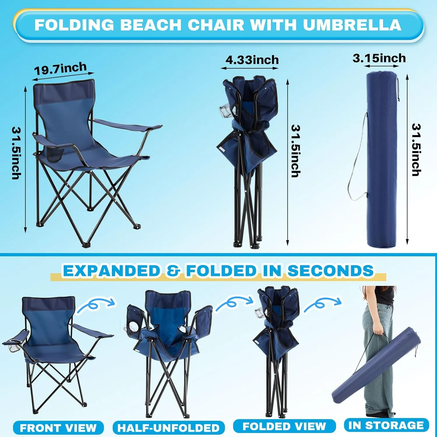2 Pcs Foldable Camping Chair with Umbrella Set of 2 Camp Chairs for Adults Folding Picnic Seat Foldable Lawn Seat for Outdoors Fishing Hiking Travel Picnic Beach Patio (Blue)