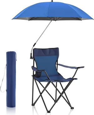 2 Pcs Foldable Camping Chair with Umbrella Set of 2 Camp Chairs for Adults Folding Picnic Seat Foldable Lawn Seat for Outdoors Fishing Hiking Travel Picnic Beach Patio (Blue)