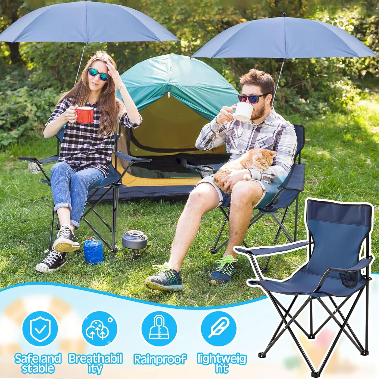2 Pcs Foldable Camping Chair with Umbrella Set of 2 Camp Chairs for Adults Folding Picnic Seat Foldable Lawn Seat for Outdoors Fishing Hiking Travel Picnic Beach Patio (Blue)