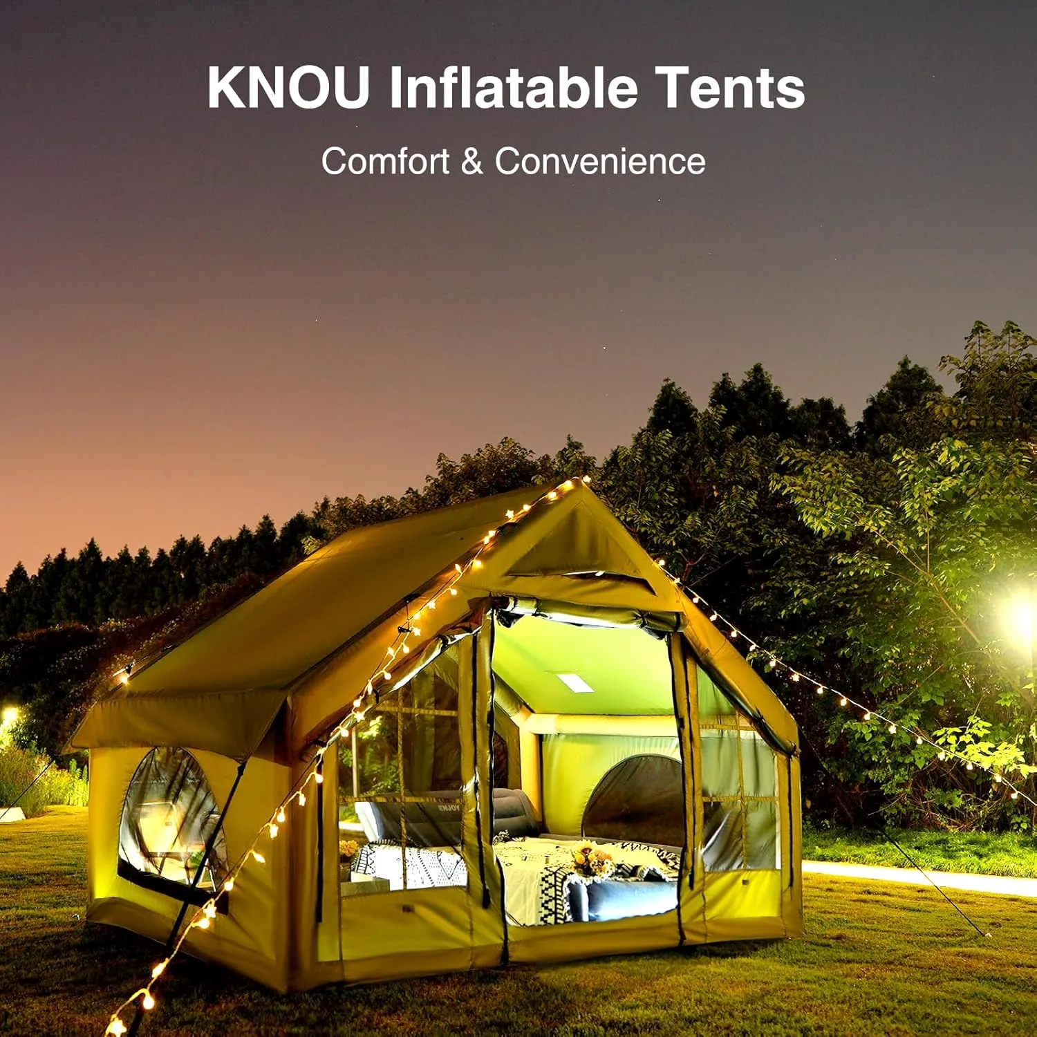2025 Upgraded 100% Waterproof Inflatable Camping Tent, Large Blow-Up Air Tent, No Assembly Needed Luxury Glamping House, Oxford Fabric