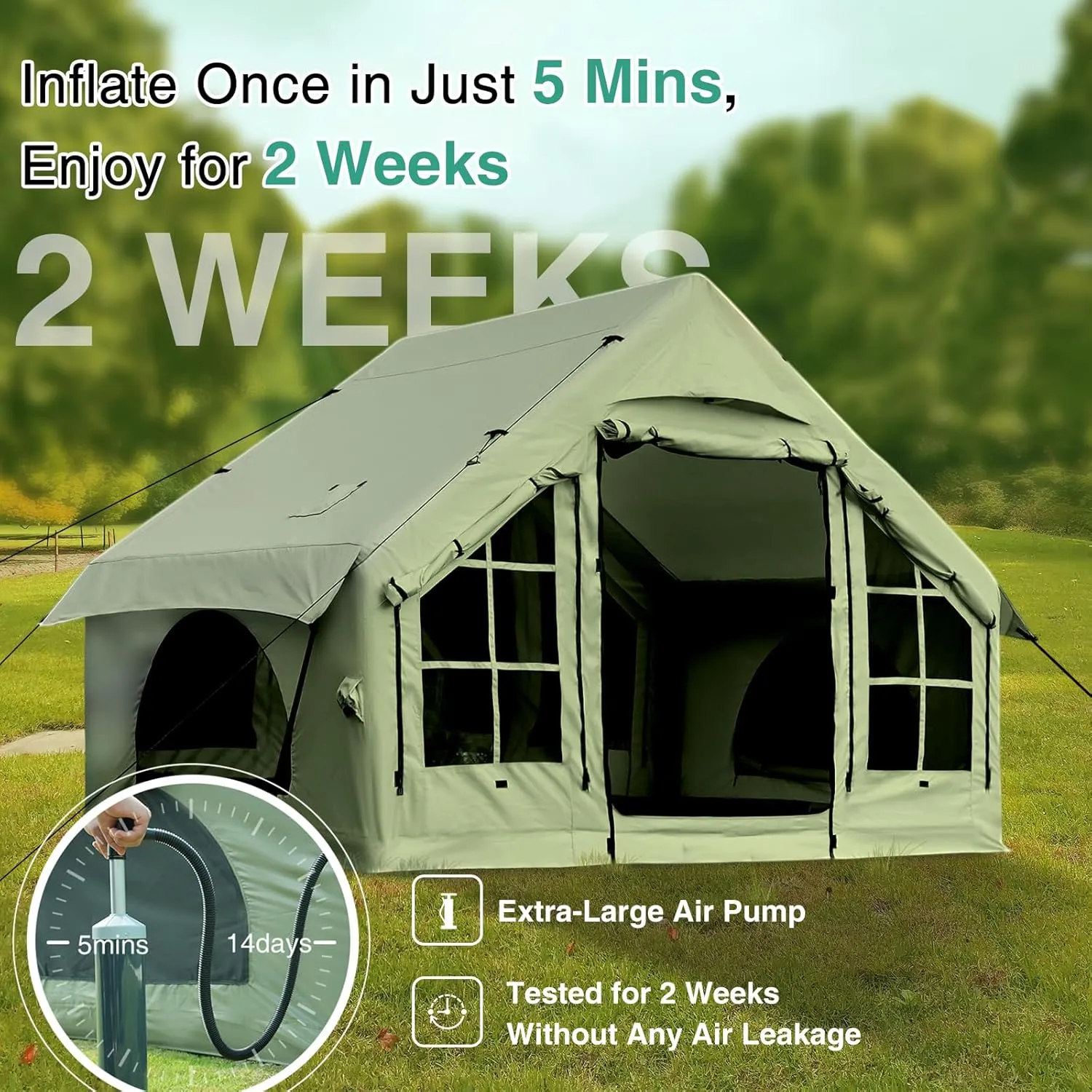 2025 Upgraded 100% Waterproof Inflatable Camping Tent, Large Blow-Up Air Tent, No Assembly Needed Luxury Glamping House, Oxford Fabric
