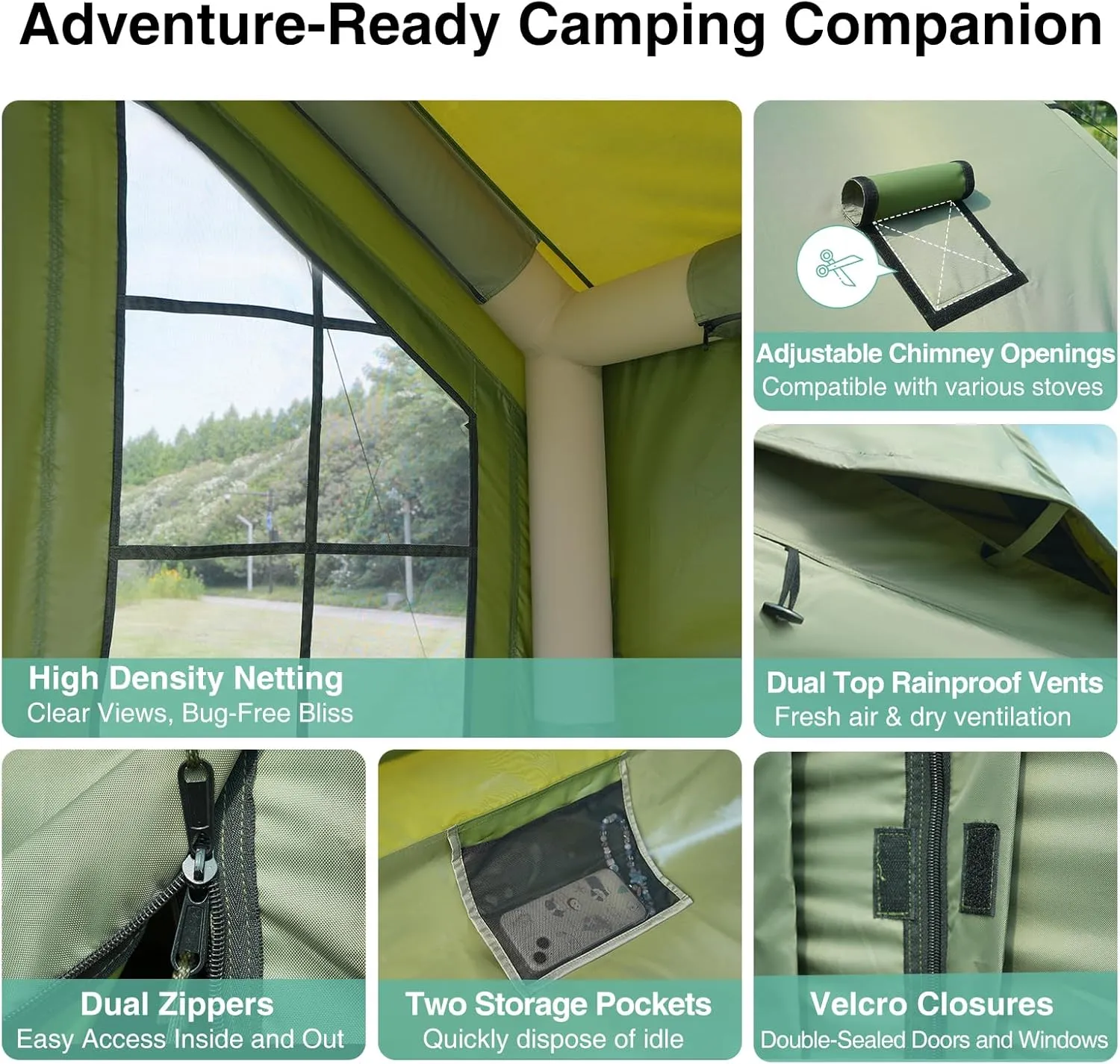 2025 Upgraded 100% Waterproof Inflatable Camping Tent, Large Blow-Up Air Tent, No Assembly Needed Luxury Glamping House, Oxford Fabric