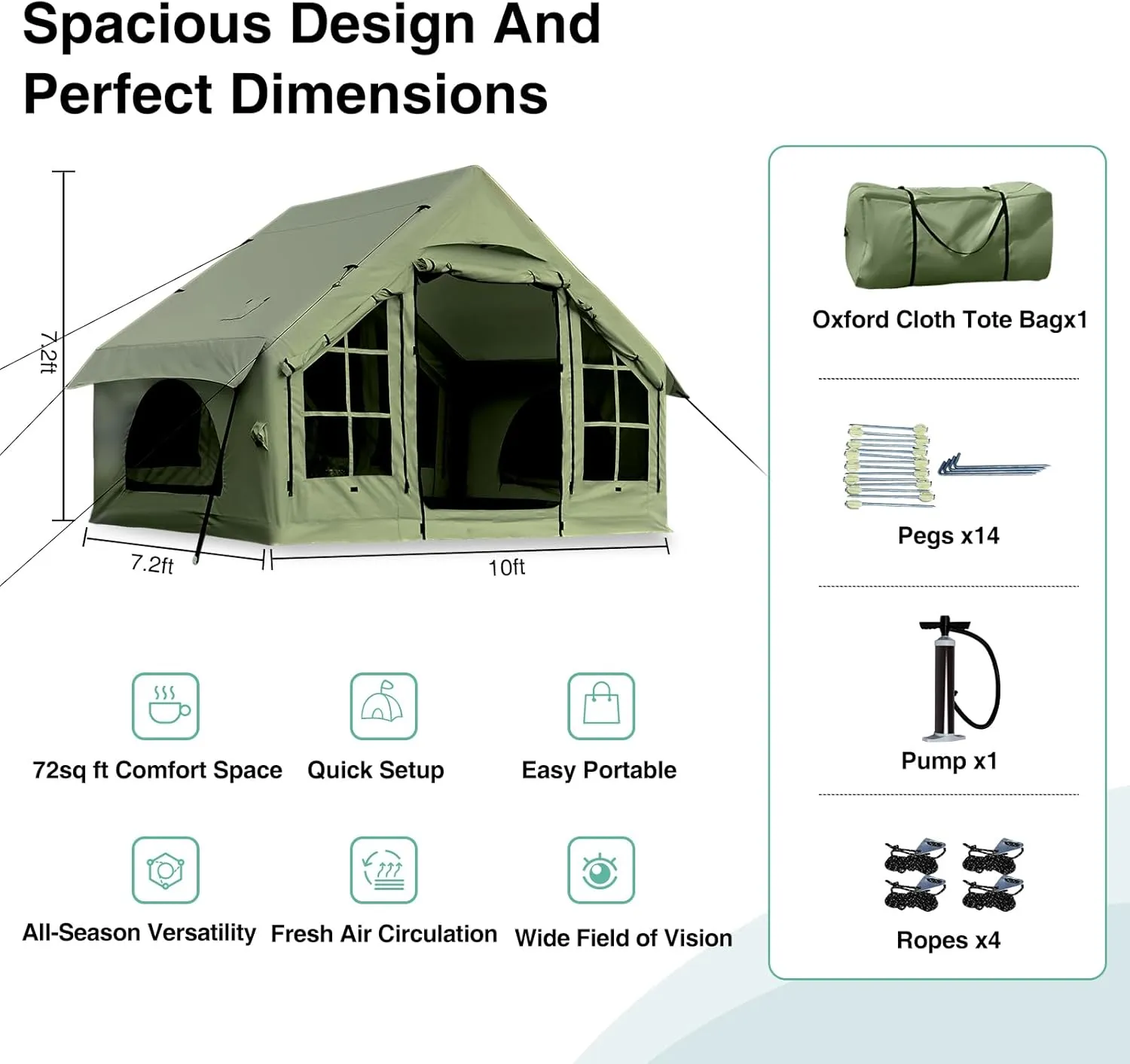 2025 Upgraded 100% Waterproof Inflatable Camping Tent, Large Blow-Up Air Tent, No Assembly Needed Luxury Glamping House, Oxford Fabric