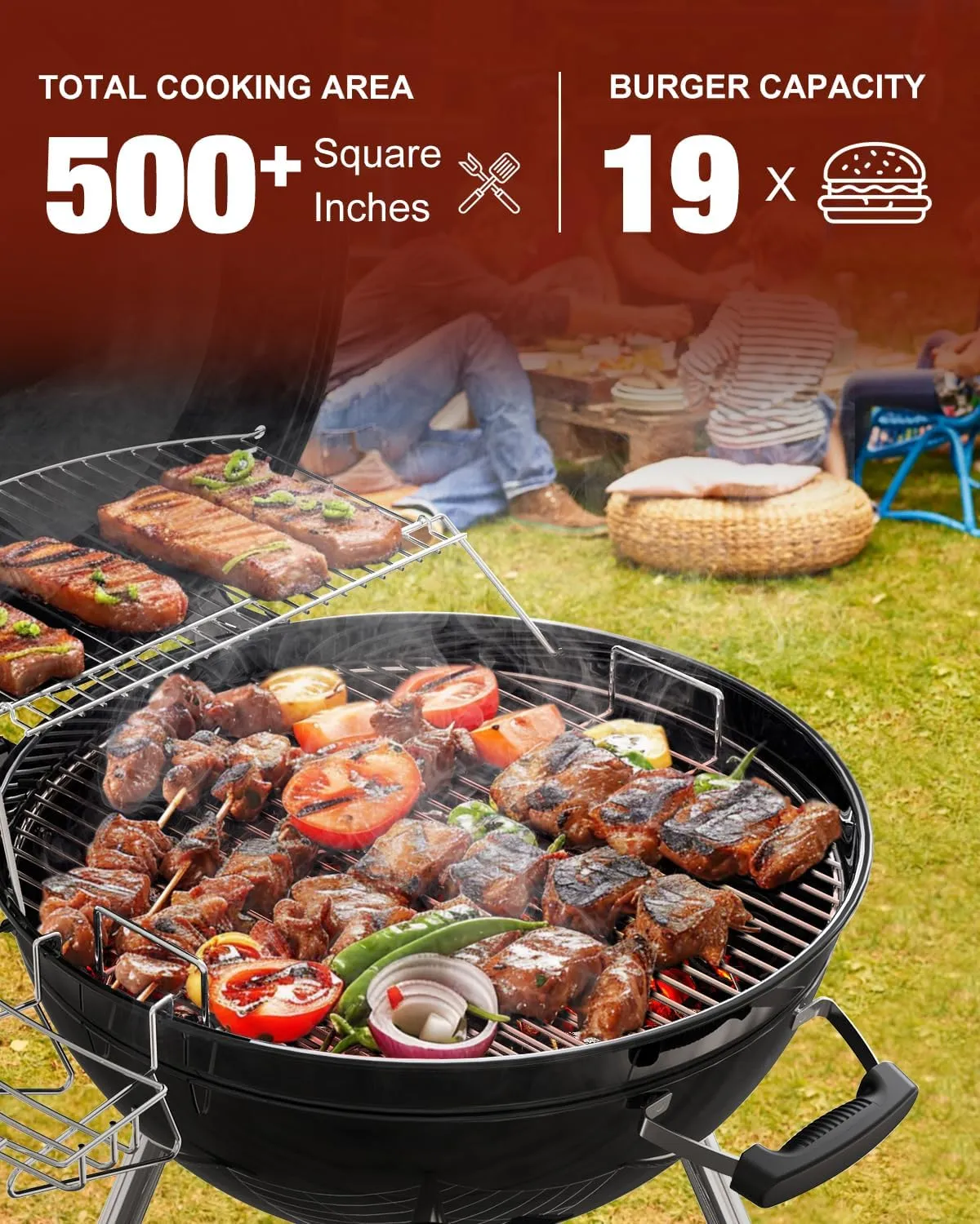 22 inch Premium Charcoal Grill, Portable Kettle Barbecue Grill, Round BBQ&Smoker Grills Large 2-Tier Cooking Space for Outdoor BBQ Event, Tailgating, Camping and Backyard, Black