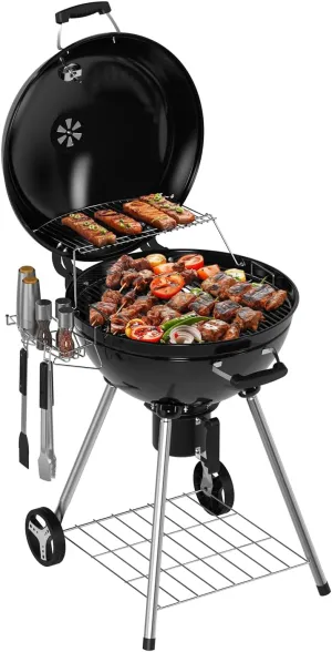22 inch Premium Charcoal Grill, Portable Kettle Barbecue Grill, Round BBQ&Smoker Grills Large 2-Tier Cooking Space for Outdoor BBQ Event, Tailgating, Camping and Backyard, Black
