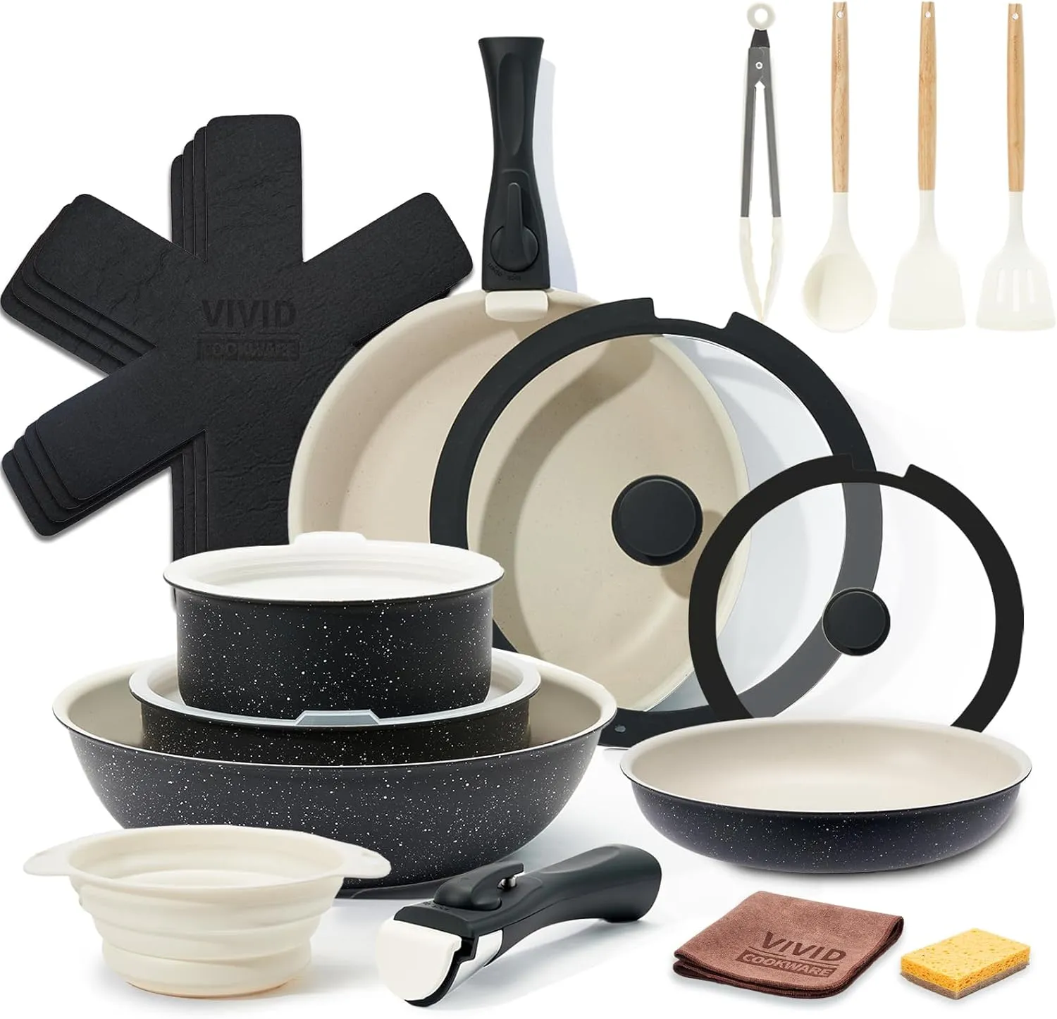 22pcs Pots and Pans Set Non Stick, Ceramic Cookware Set with Detachable Handle, Pot Sets for Cooking Nonstick with Collapsible Dish Basin, Oven Safe (Black)