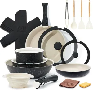 22pcs Pots and Pans Set Non Stick, Ceramic Cookware Set with Detachable Handle, Pot Sets for Cooking Nonstick with Collapsible Dish Basin, Oven Safe (Black)