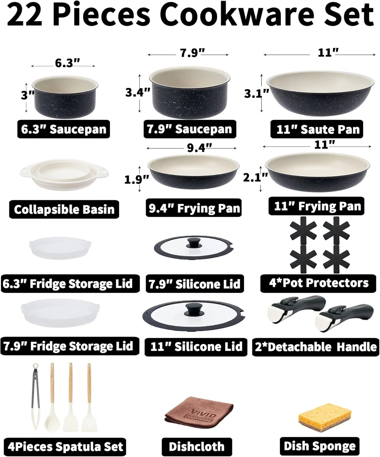 22pcs Pots and Pans Set Non Stick, Ceramic Cookware Set with Detachable Handle, Pot Sets for Cooking Nonstick with Collapsible Dish Basin, Oven Safe (Black)
