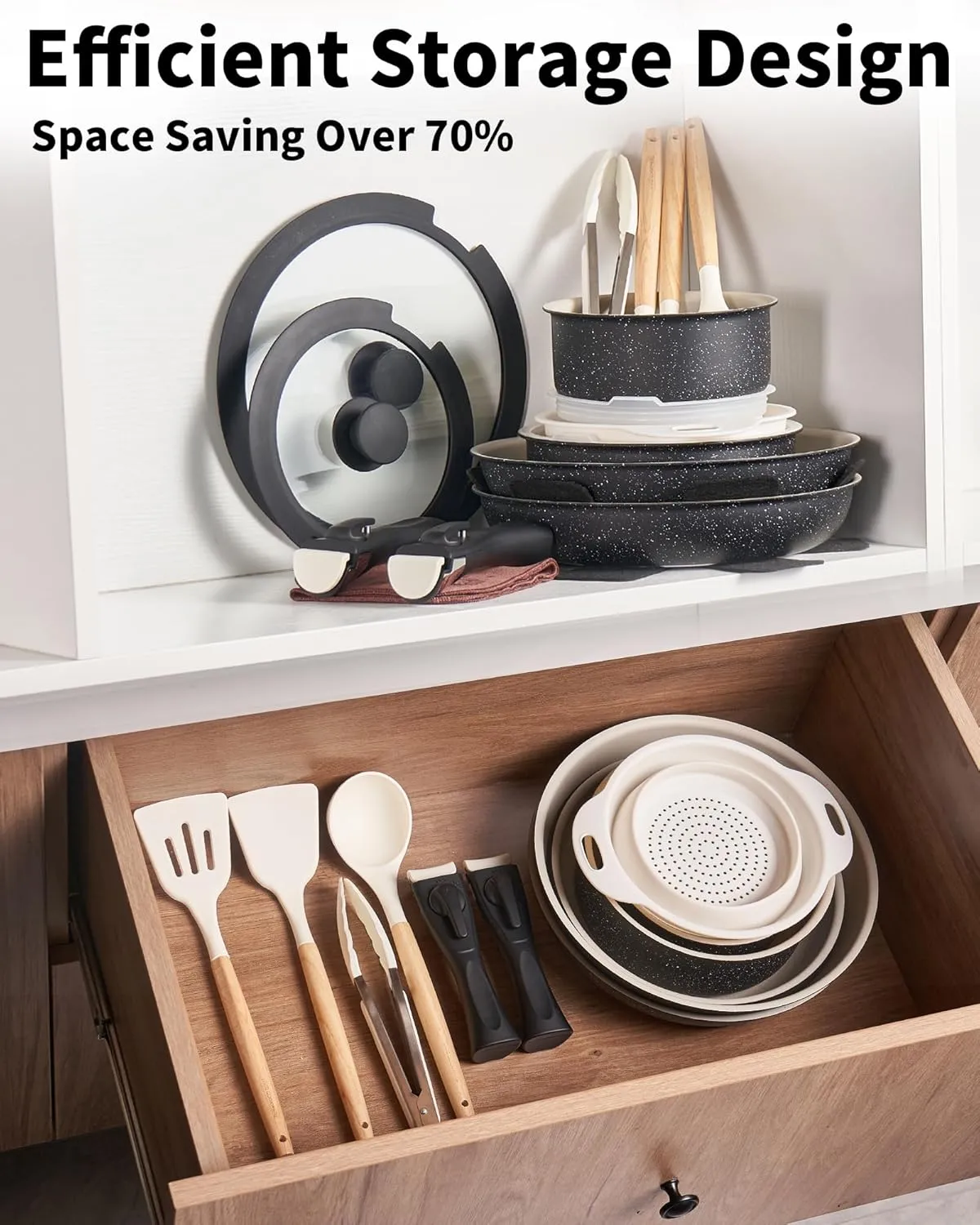22pcs Pots and Pans Set Non Stick, Ceramic Cookware Set with Detachable Handle, Pot Sets for Cooking Nonstick with Collapsible Dish Basin, Oven Safe (Black)