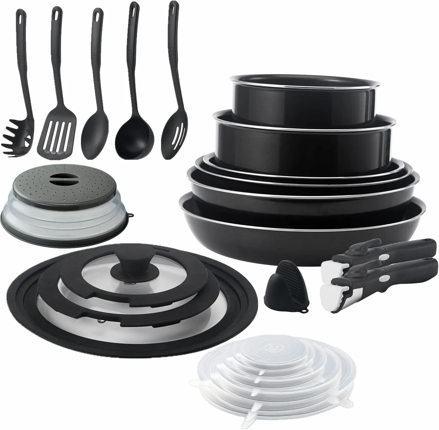 24 Pieces Non-Stick Stackable Pans and Pots Set with Removable Handles,with Collapsible Microwave Lid,Meal Prep Gadget,for RVs and Camping,Induction,Dishwasher Safe