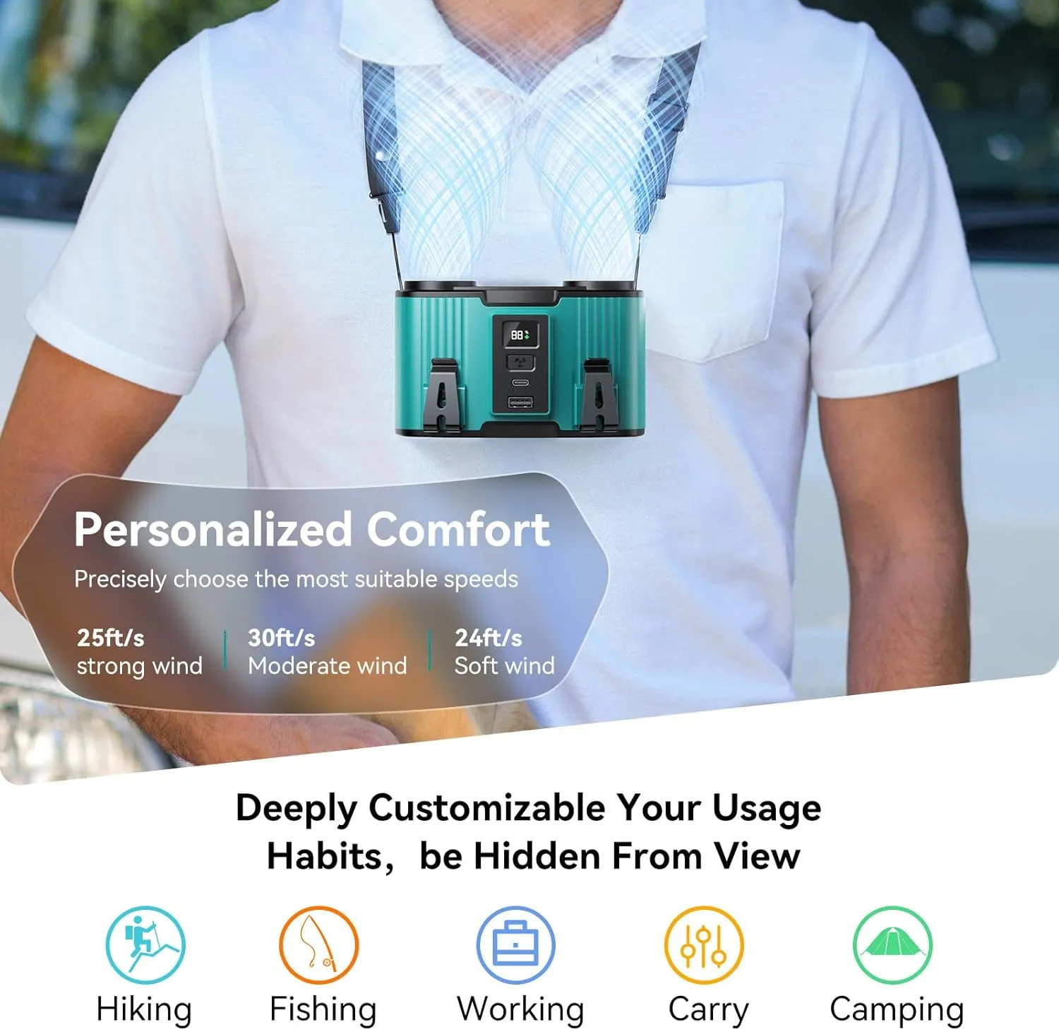 24000mAh Personal Waist Fan, USB Rechargeable Clip The Waist For Working,10 Speed & 40H Cooling and Heatstroke Prevention For Outdoor Travel Camping (Blue, 24000mAh)