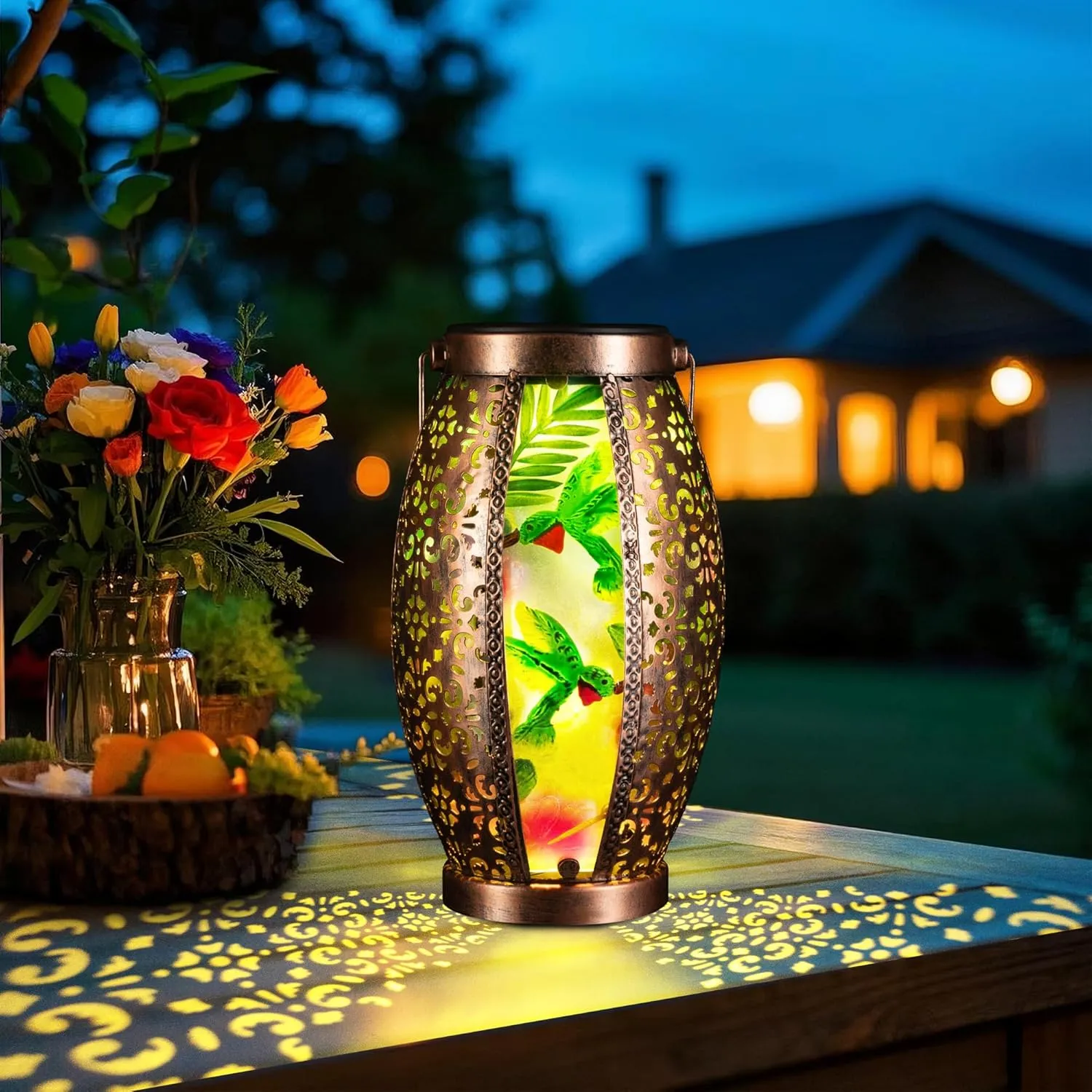 2PC Solar Lantern Outdoor Waterproof Glass & Metal Garden Decor Gifts for Women Mom Grandma Large Hanging Solar Light Tabletop Lamp for Yard, Patio, Porch (Hummingbird)