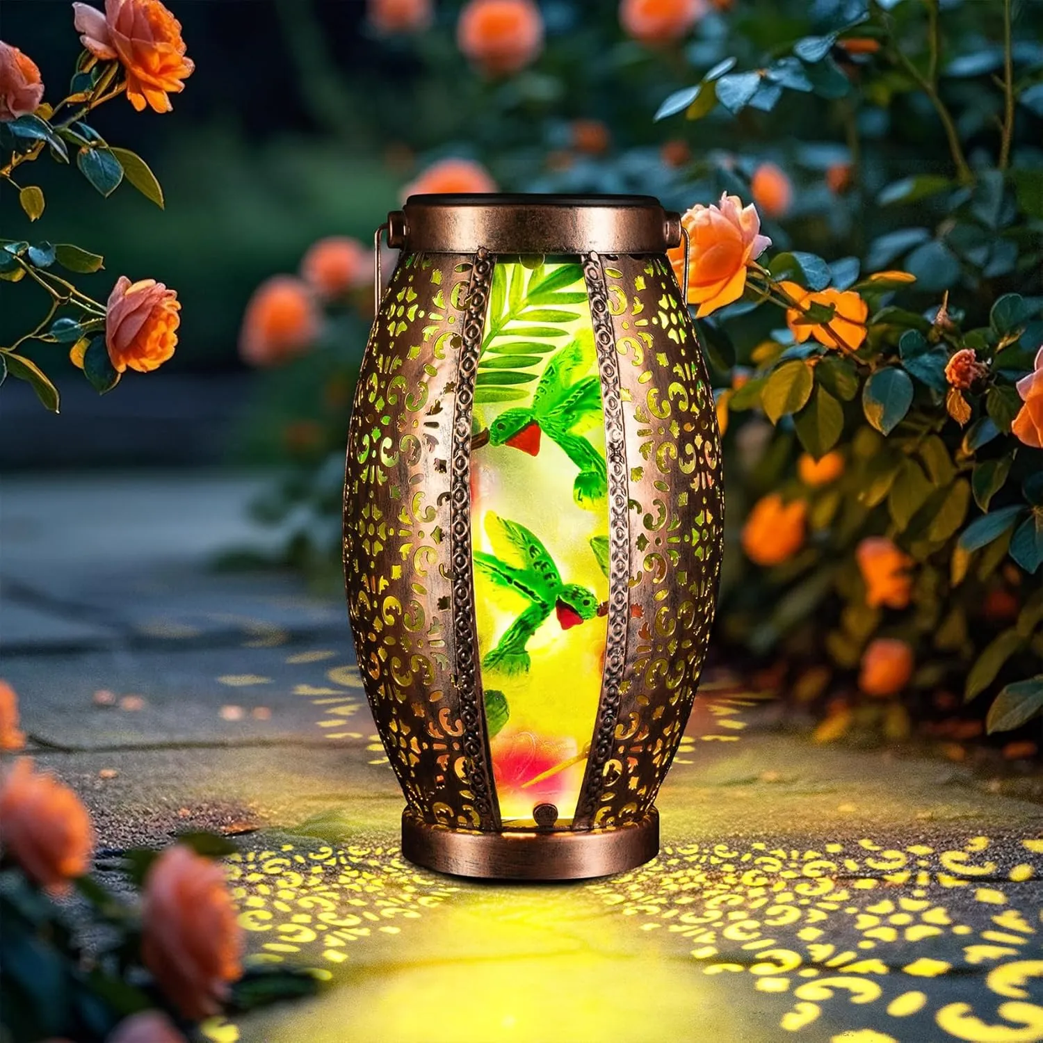 2PC Solar Lantern Outdoor Waterproof Glass & Metal Garden Decor Gifts for Women Mom Grandma Large Hanging Solar Light Tabletop Lamp for Yard, Patio, Porch (Hummingbird)