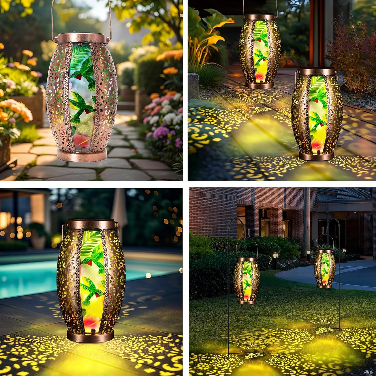 2PC Solar Lantern Outdoor Waterproof Glass & Metal Garden Decor Gifts for Women Mom Grandma Large Hanging Solar Light Tabletop Lamp for Yard, Patio, Porch (Hummingbird)