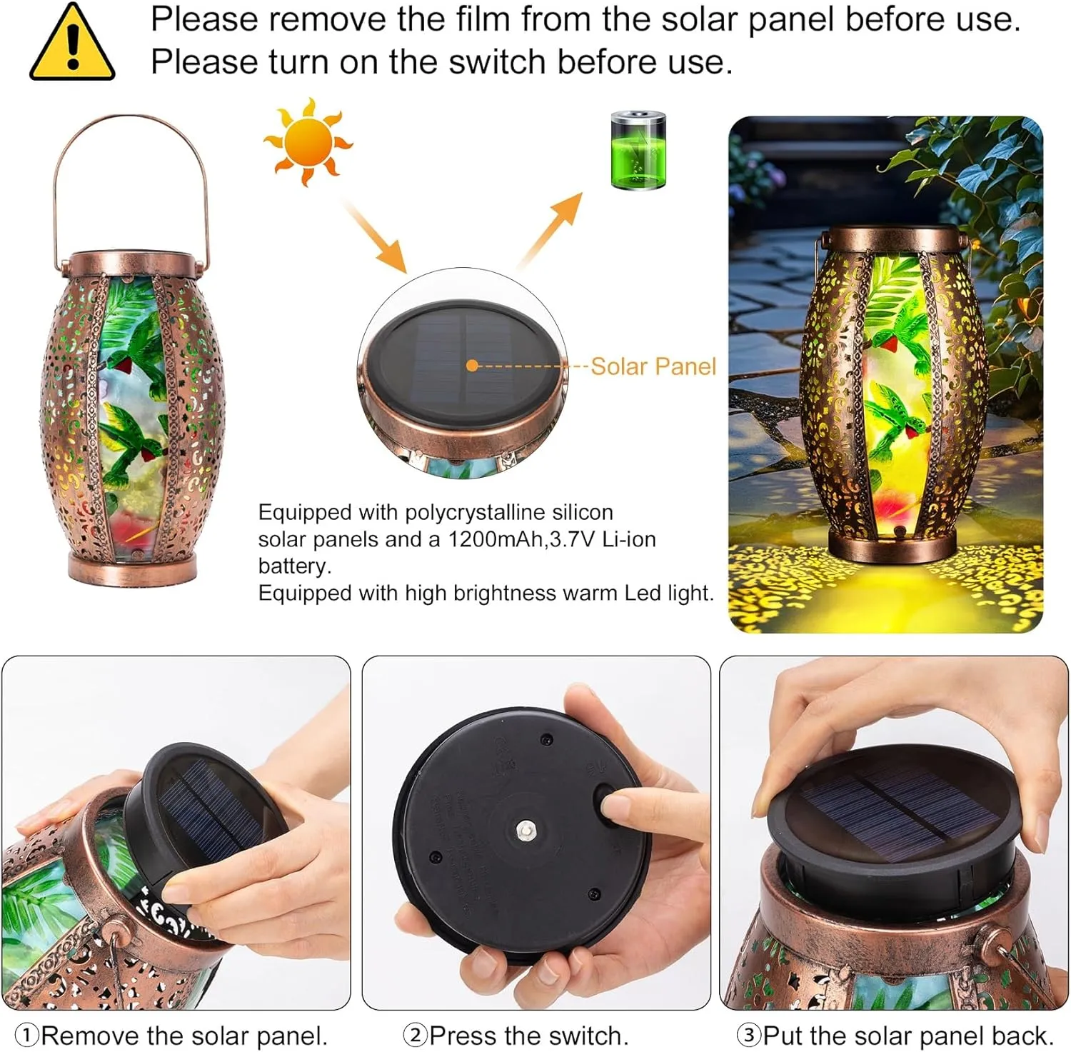 2PC Solar Lantern Outdoor Waterproof Glass & Metal Garden Decor Gifts for Women Mom Grandma Large Hanging Solar Light Tabletop Lamp for Yard, Patio, Porch (Hummingbird)