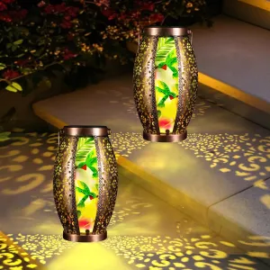 2PC Solar Lantern Outdoor Waterproof Glass & Metal Garden Decor Gifts for Women Mom Grandma Large Hanging Solar Light Tabletop Lamp for Yard, Patio, Porch (Hummingbird)