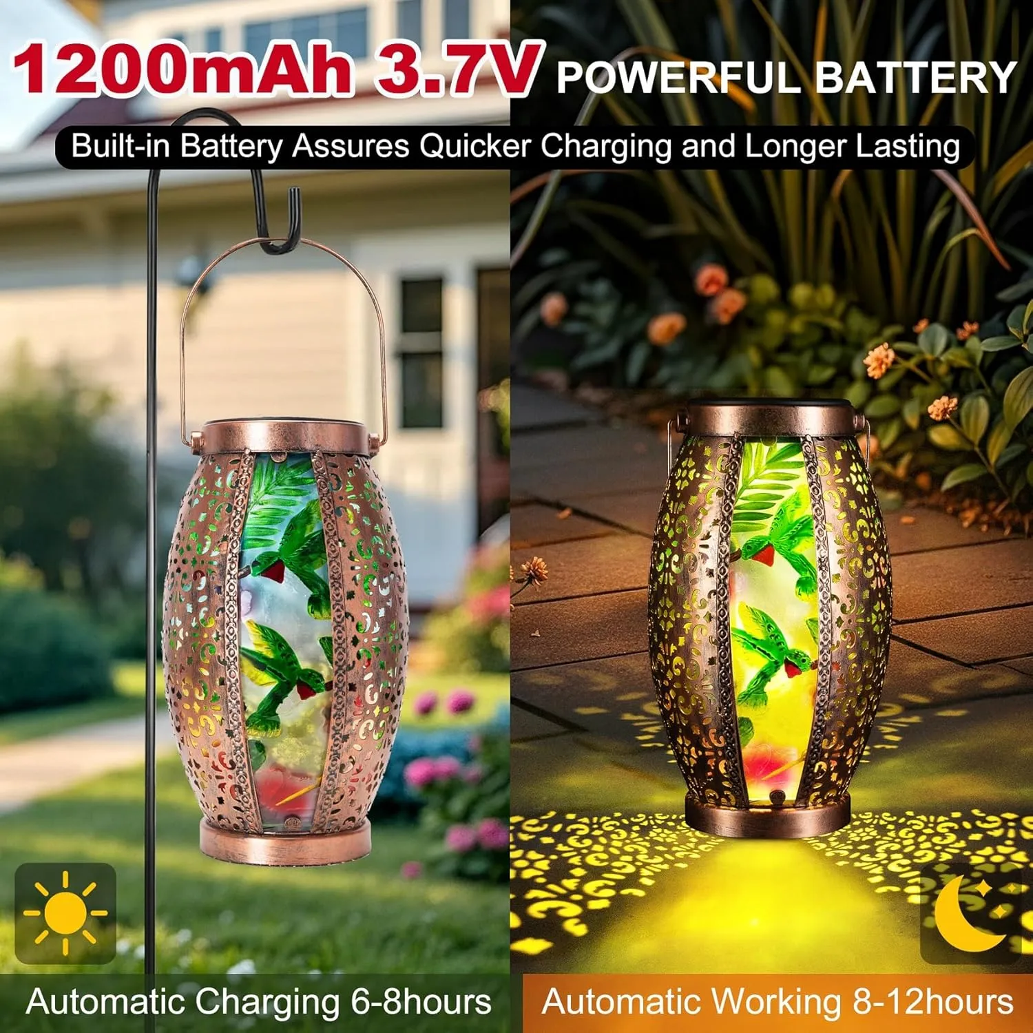 2PC Solar Lantern Outdoor Waterproof Glass & Metal Garden Decor Gifts for Women Mom Grandma Large Hanging Solar Light Tabletop Lamp for Yard, Patio, Porch (Hummingbird)