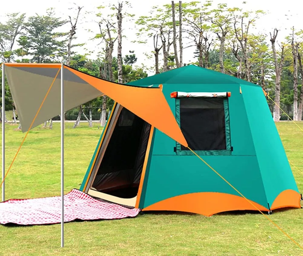 3-4 Person Automatic Tent with Porch Camping Pop Up Tent with 2 Door and 2 Double Layer Instant Family Tent for Camping Outdoor Hiking (Red 5) (Green 5)