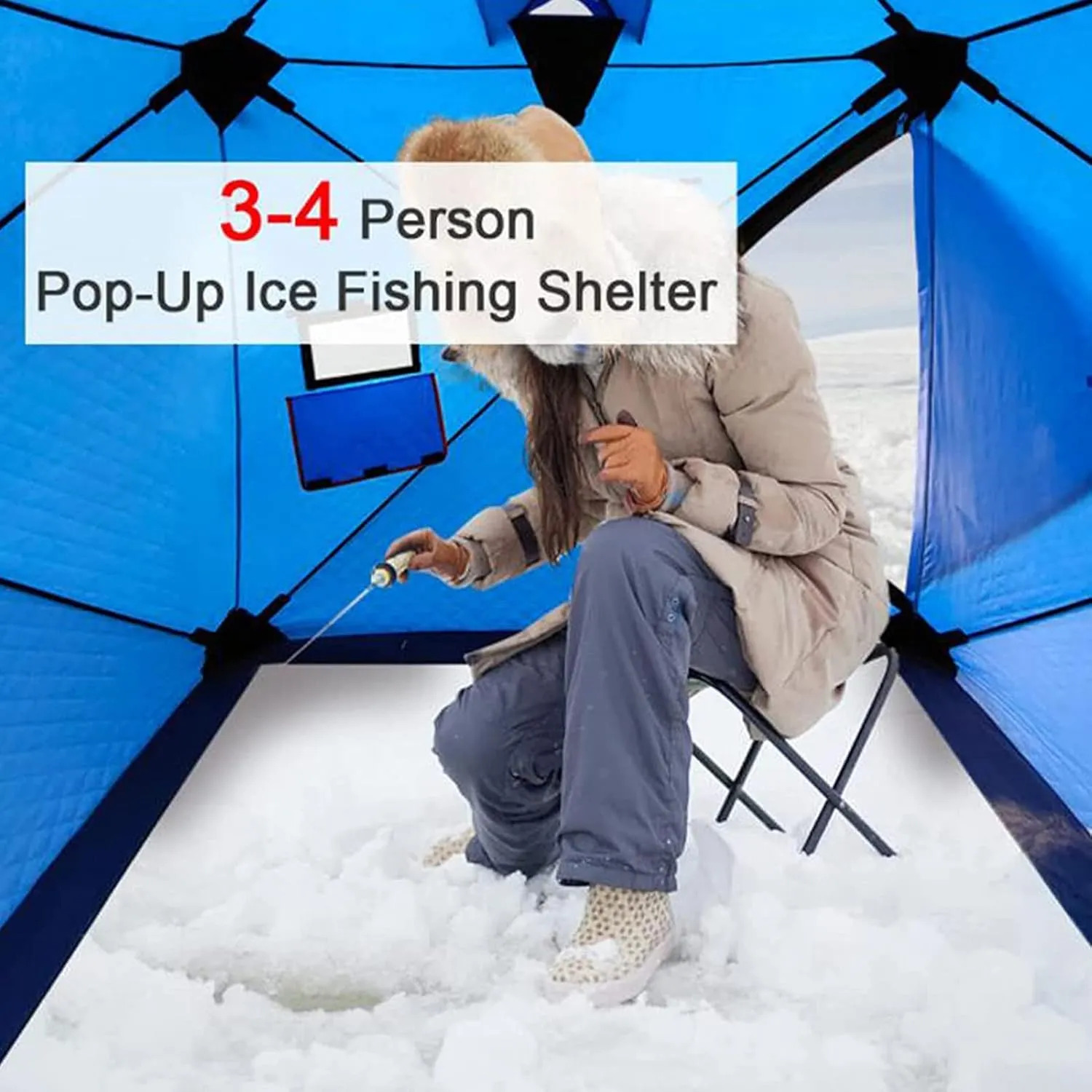 3-4 Person Portable Ice Fishing Shelter Easy Set-up Winter Fishing Tent Ice Fishing Tent with Carry Bag Fishing Equipment Outdoors (Orange 3~4 Person 180X180X210CM)