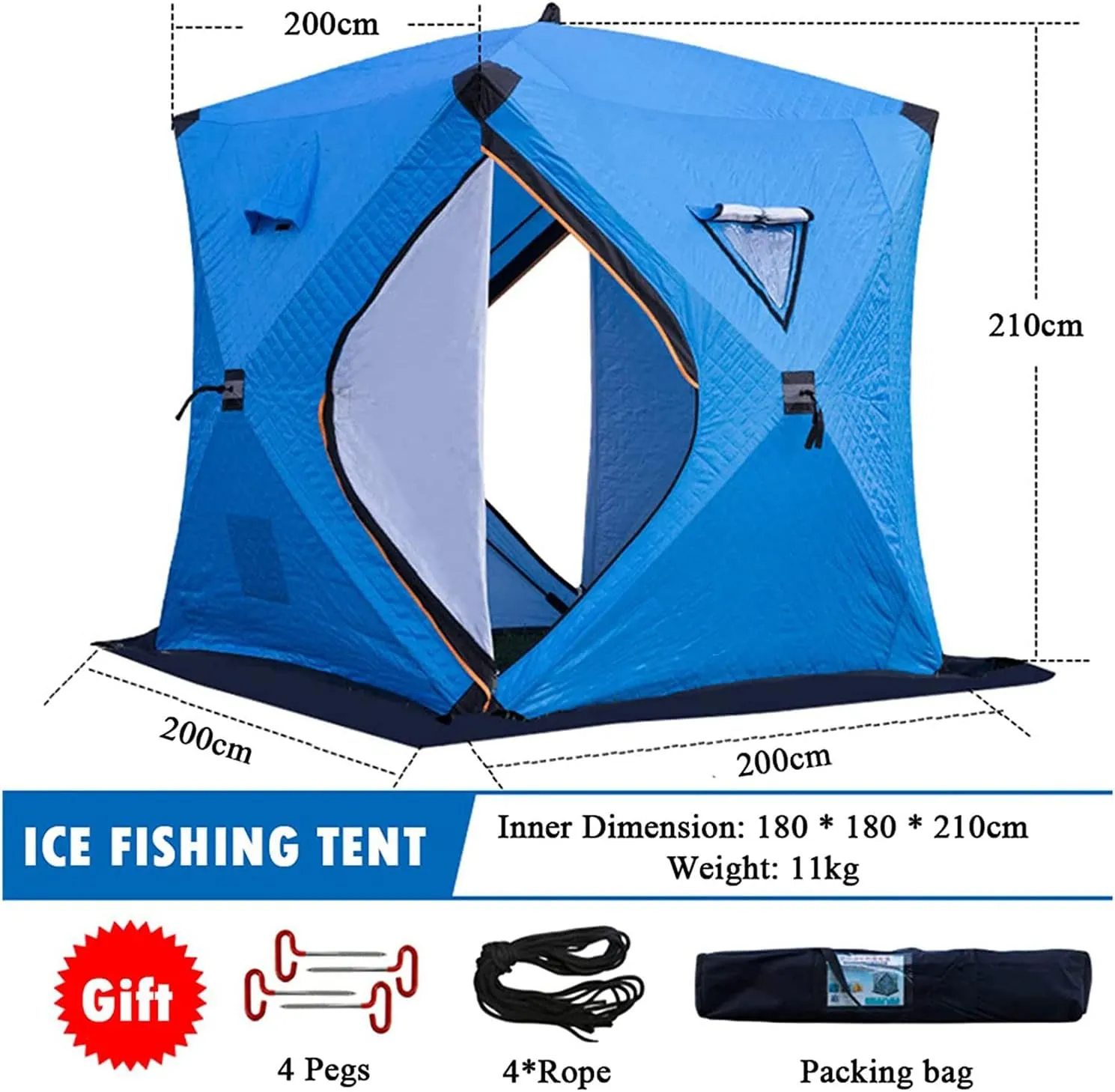 3-4 Person Portable Ice Fishing Shelter Easy Set-up Winter Fishing Tent Ice Fishing Tent with Carry Bag Fishing Equipment Outdoors (Orange 3~4 Person 180X180X210CM)