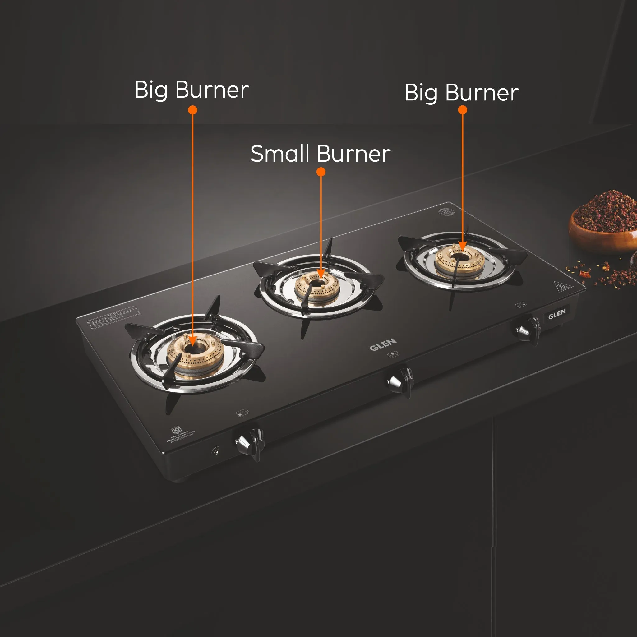 3 Burner PNG Glass Gas Stove with Brass Burner Black - Manual (1030 GT BB BL PN)