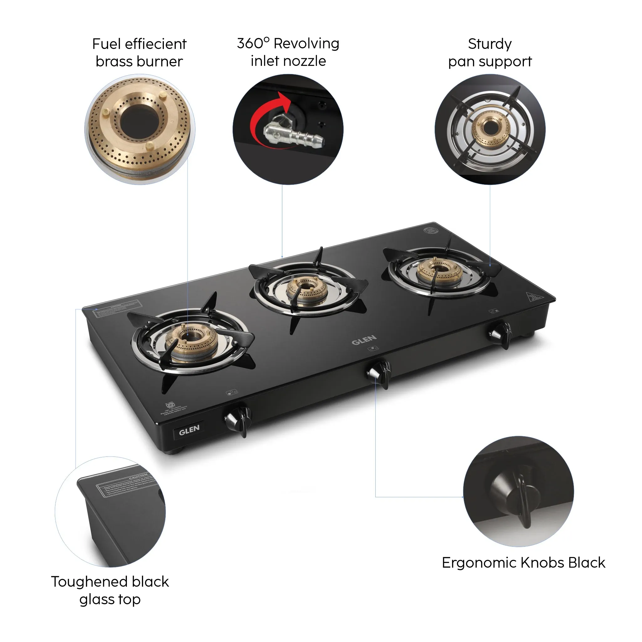3 Burner PNG Glass Gas Stove with Brass Burner Black - Manual (1030 GT BB BL PN)