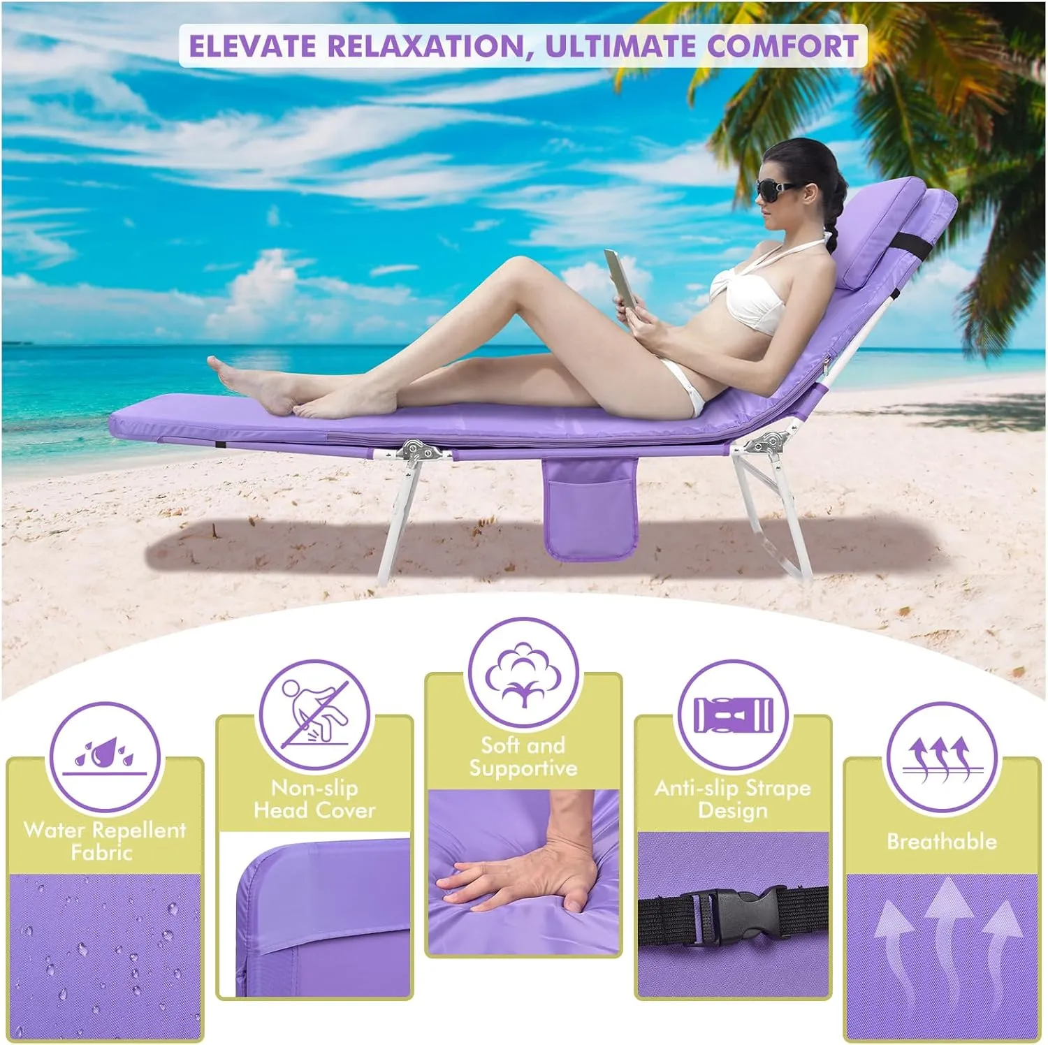 3 in 1 Women Comfort Backpack Tanning Beach Chair with Face Hole & Cushion | Portable Folding Lounge Sun Chair for Adults Outside Reading Sunbathing Poolside Camping | Reclining 6 Position