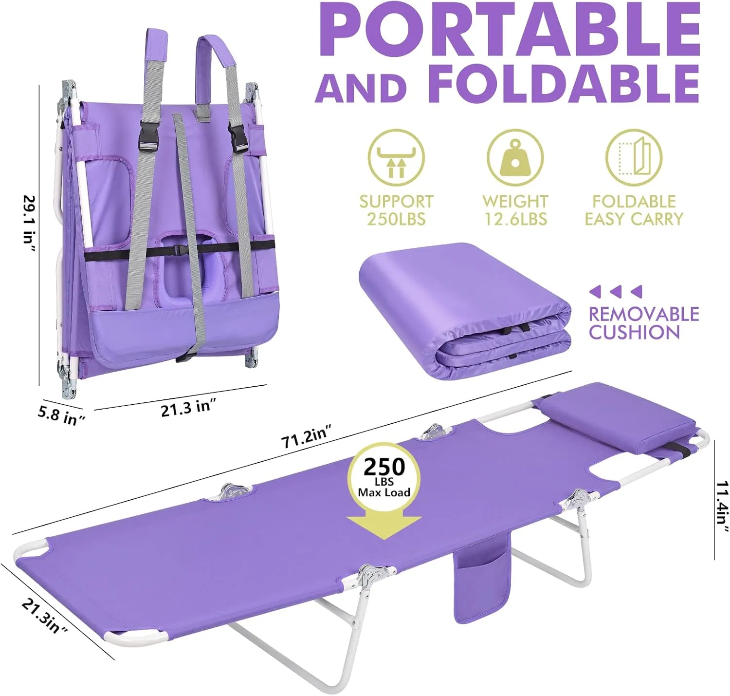 3 in 1 Women Comfort Backpack Tanning Beach Chair with Face Hole & Cushion | Portable Folding Lounge Sun Chair for Adults Outside Reading Sunbathing Poolside Camping | Reclining 6 Position