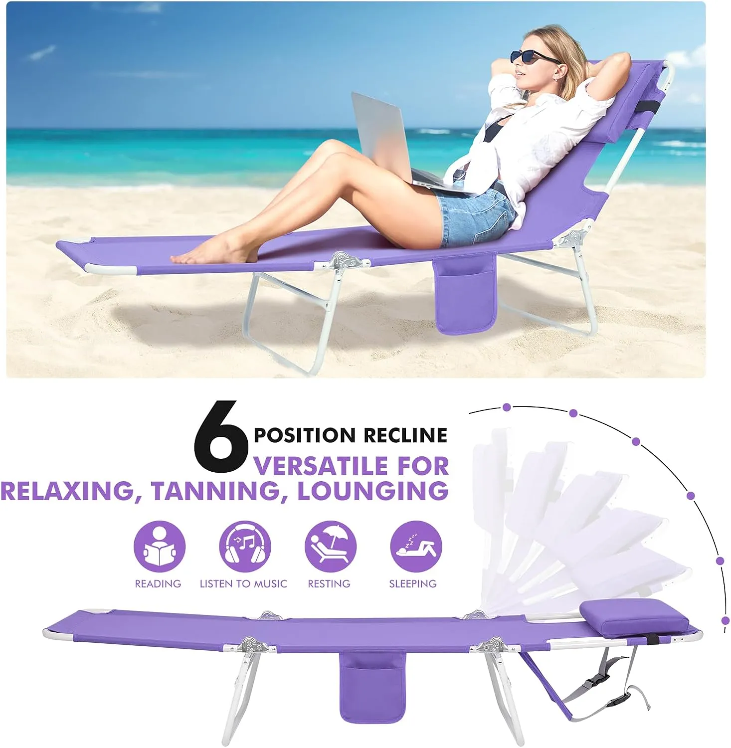 3 in 1 Women Comfort Backpack Tanning Beach Chair with Face Hole & Cushion | Portable Folding Lounge Sun Chair for Adults Outside Reading Sunbathing Poolside Camping | Reclining 6 Position