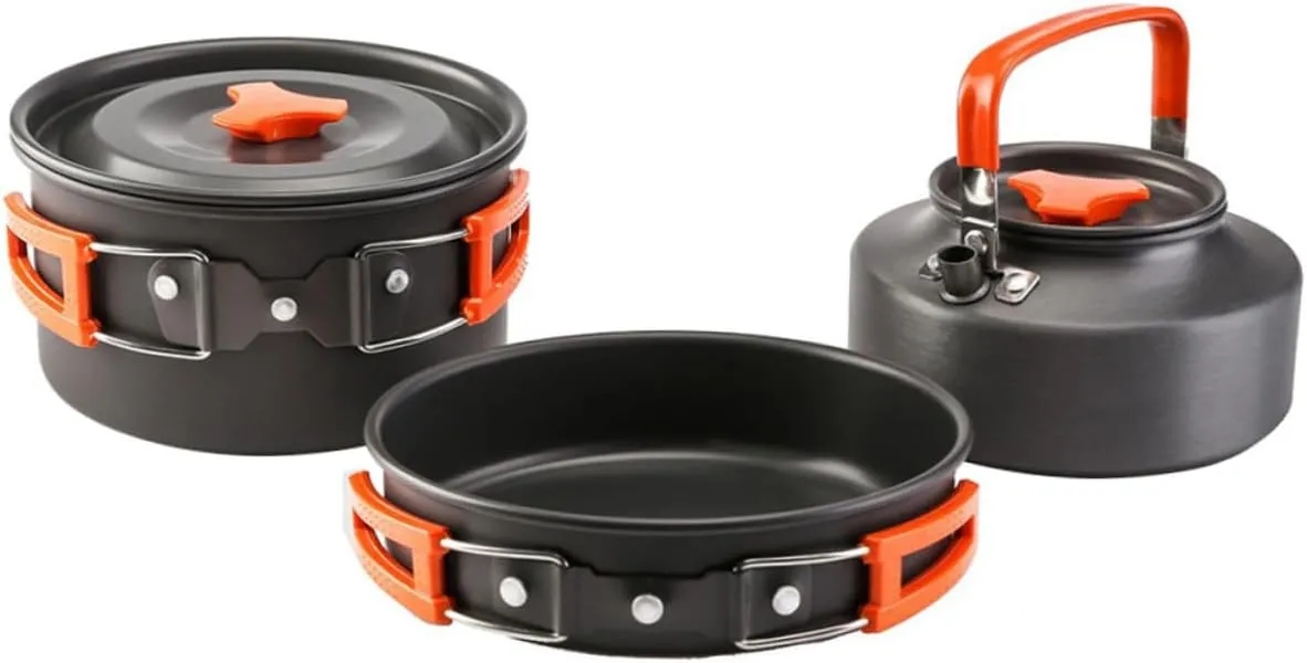 3-pc Hiking Pot Set Collapsible Aluminum Pot Utensils Heat Resistant for Outdoor Camping