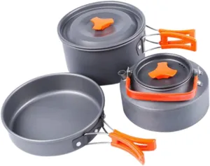 3-Piece Aluminum Alloy Camping Pot Set Outdoor Cookware Pan Set Collapsible Handle Silicone Cover