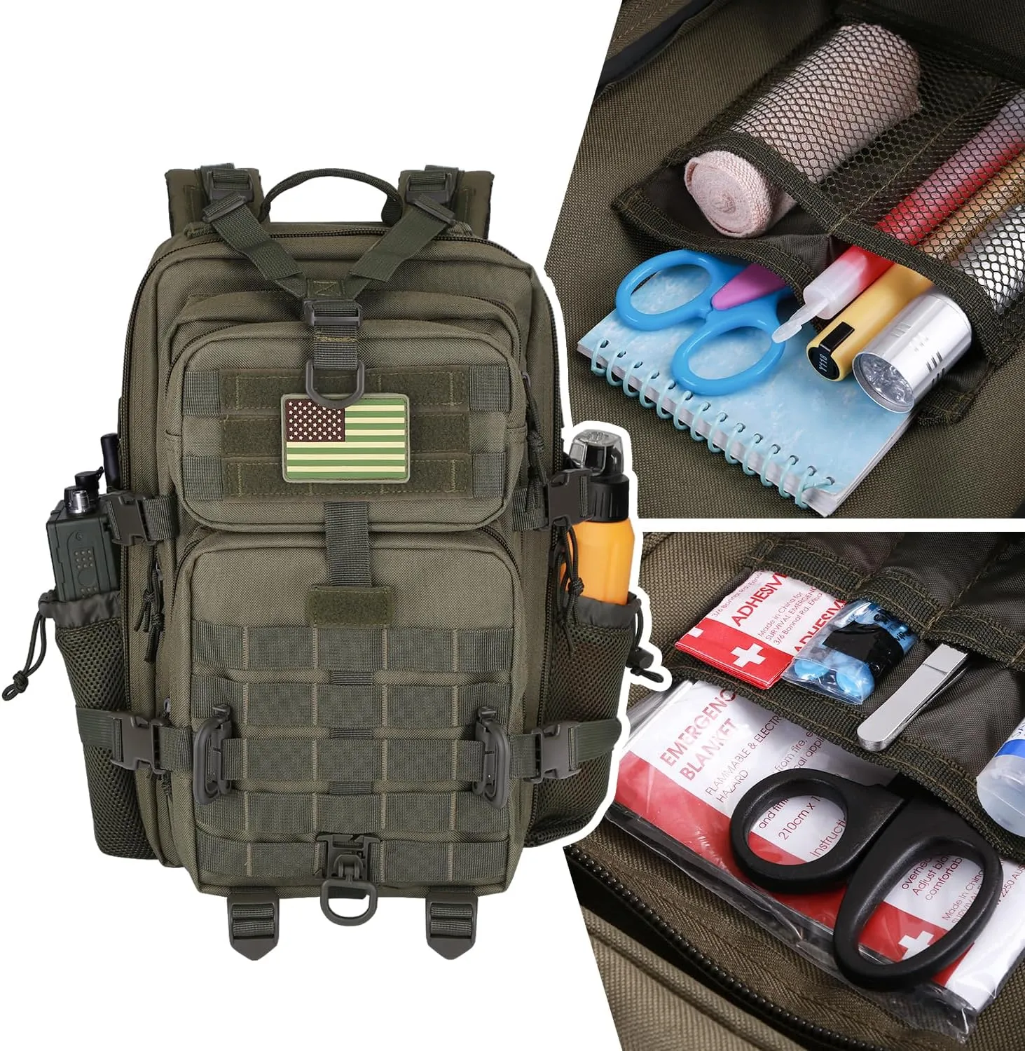 30L MOLLE Assault Pack, Tactical Backpack Military Army Camping Rucksack with Bottle Holder, 3-Day Pack, Olive Green