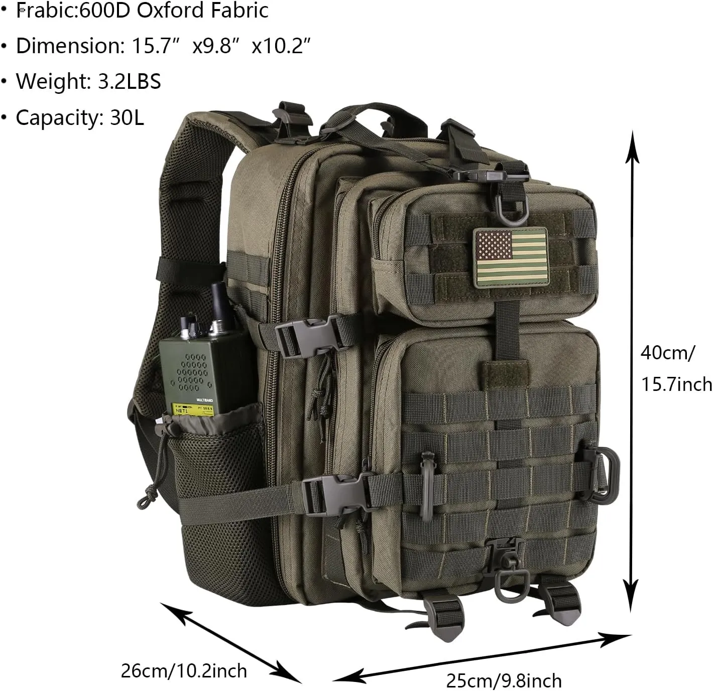30L MOLLE Assault Pack, Tactical Backpack Military Army Camping Rucksack with Bottle Holder, 3-Day Pack, Olive Green