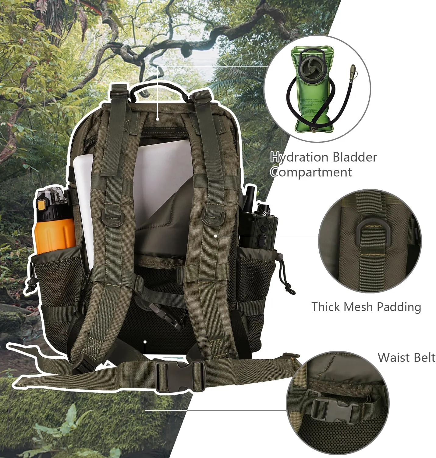 30L MOLLE Assault Pack, Tactical Backpack Military Army Camping Rucksack with Bottle Holder, 3-Day Pack, Olive Green