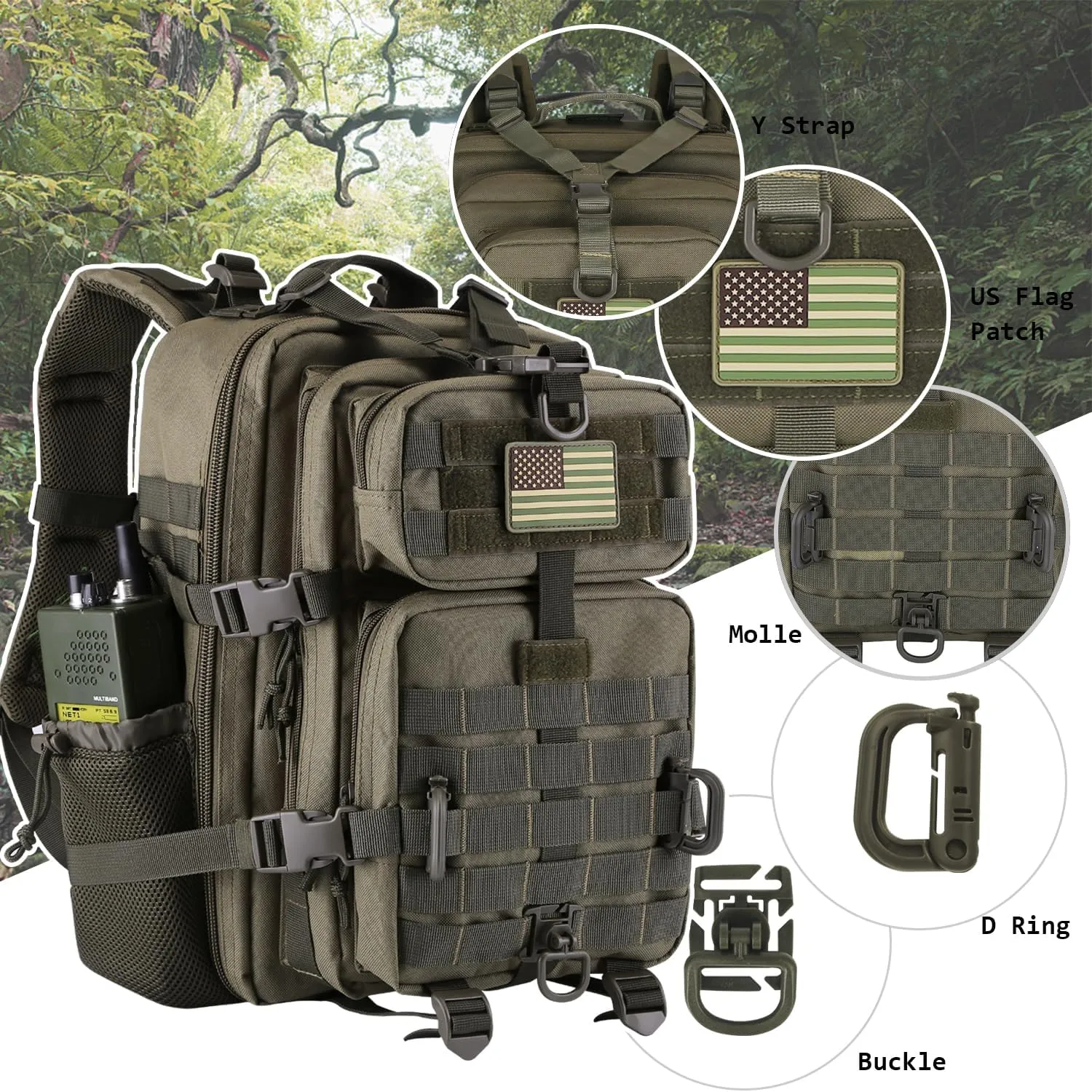 30L MOLLE Assault Pack, Tactical Backpack Military Army Camping Rucksack with Bottle Holder, 3-Day Pack, Olive Green