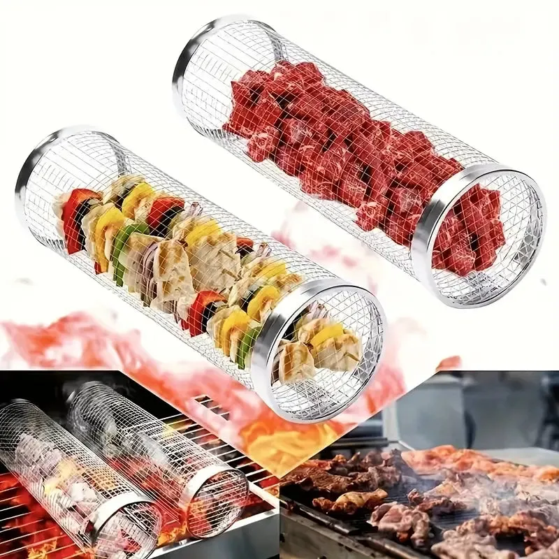 3pcs (Grill Cage   Grill Fork   Hook) Boxed Stainless Steel BBQ Grill Set