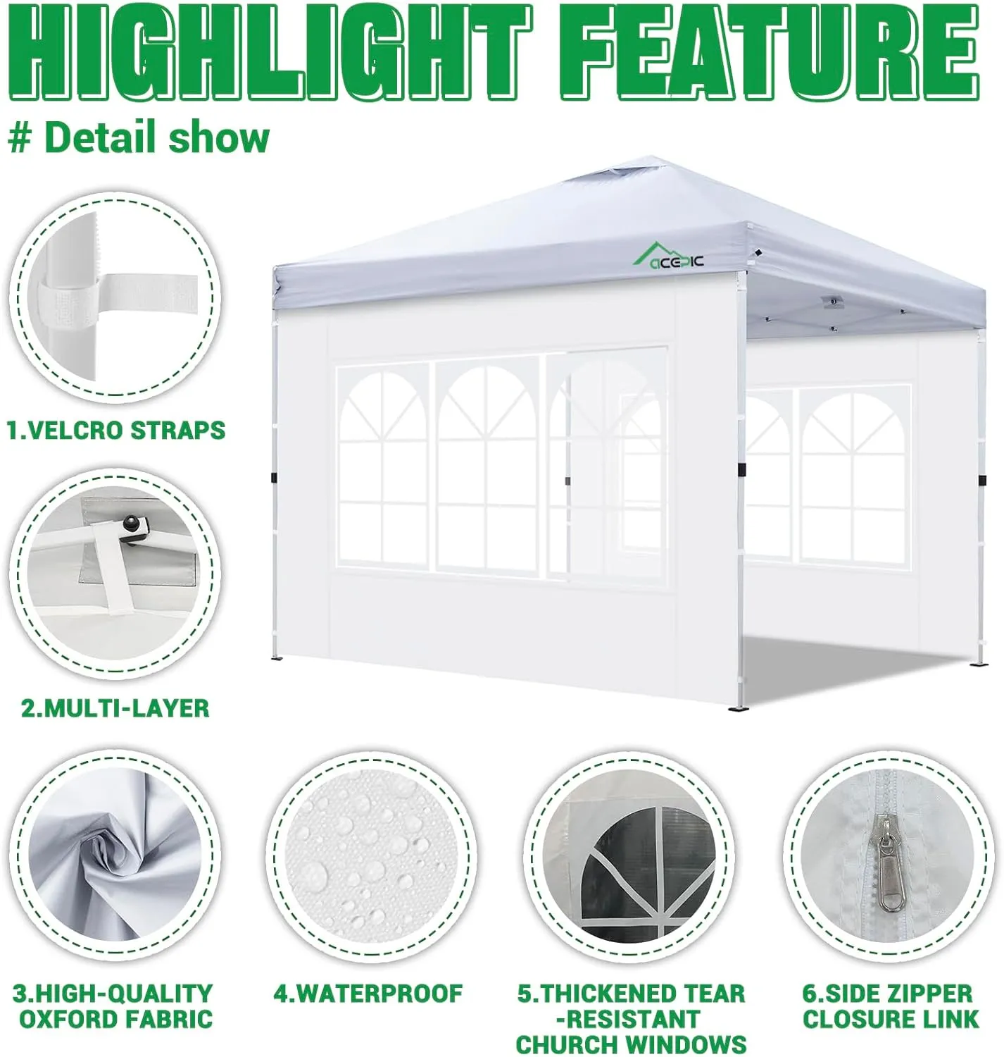 3Pcs Instant Canopy Tent Sidewalls for 10x10 Pop-Up Canopy, Garden Gazebo, 210D Oxford Fabric Waterproof, White (Tent NOT Included)