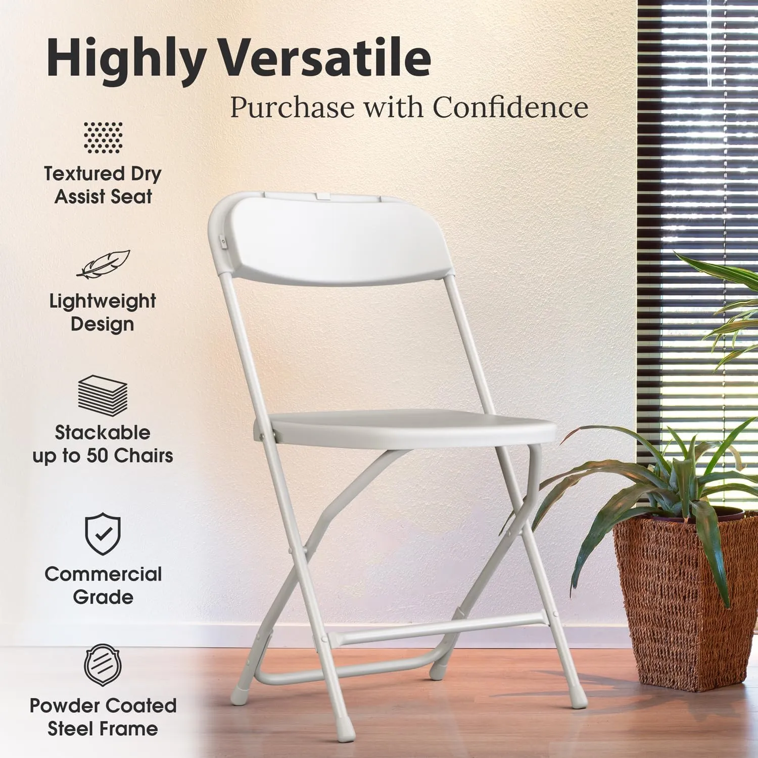 4 PACK White Foldable Plastic Chair | Folding & Stackable | 350 lbs Capacity Steel Frame Seats for Indoor Outdoor | Commercial Use Events Wedding Party Events Bulk Picnic Kitchen Dining
