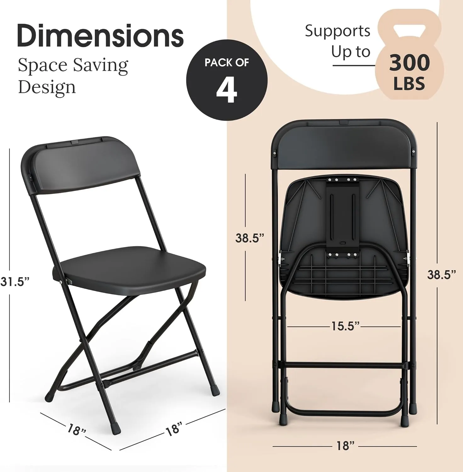 4 PACK White Foldable Plastic Chair | Folding & Stackable | 350 lbs Capacity Steel Frame Seats for Indoor Outdoor | Commercial Use Events Wedding Party Events Bulk Picnic Kitchen Dining