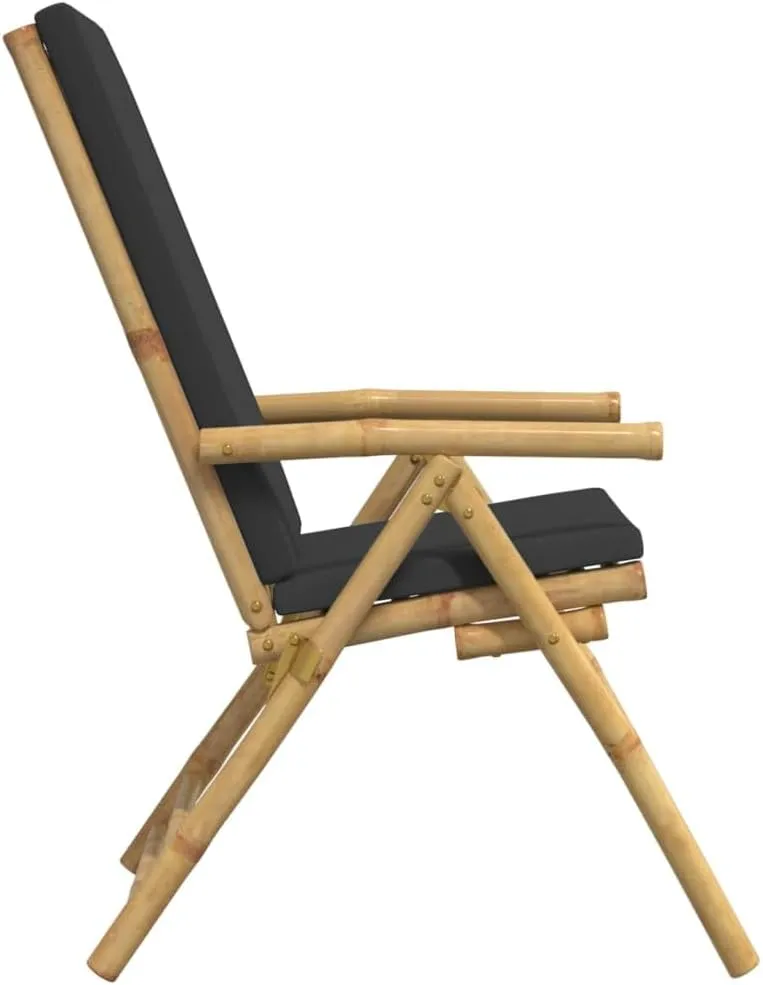 4-Piece Folding Reclining Bamboo Chairs with Dark Gray Cushions, Patio Furniture Outdoor Lounge Chairs Adjustable Backrest for Poolside, Beach, Camping, and Sunroom
