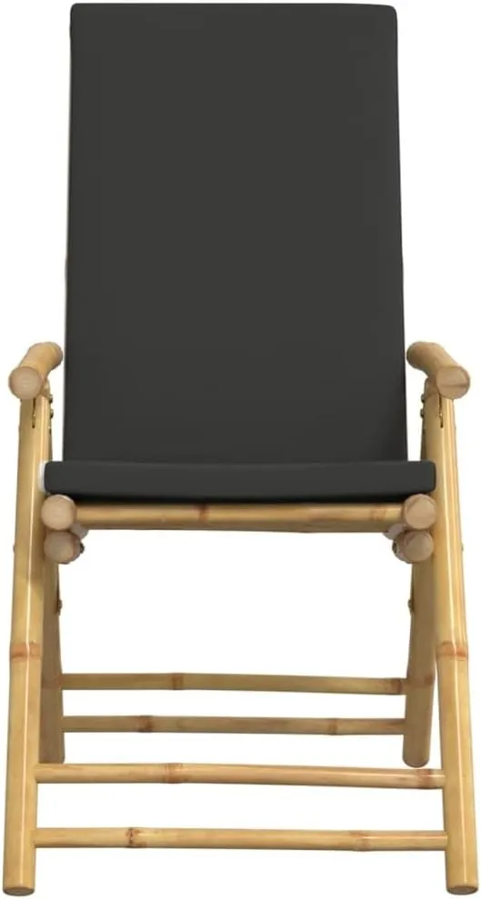 4-Piece Folding Reclining Bamboo Chairs with Dark Gray Cushions, Patio Furniture Outdoor Lounge Chairs Adjustable Backrest for Poolside, Beach, Camping, and Sunroom