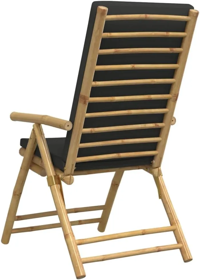 4-Piece Folding Reclining Bamboo Chairs with Dark Gray Cushions, Patio Furniture Outdoor Lounge Chairs Adjustable Backrest for Poolside, Beach, Camping, and Sunroom
