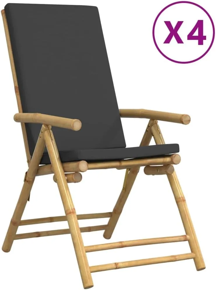 4-Piece Folding Reclining Bamboo Chairs with Dark Gray Cushions, Patio Furniture Outdoor Lounge Chairs Adjustable Backrest for Poolside, Beach, Camping, and Sunroom