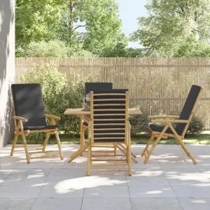 4-Piece Folding Reclining Bamboo Chairs with Dark Gray Cushions, Patio Furniture Outdoor Lounge Chairs Adjustable Backrest for Poolside, Beach, Camping, and Sunroom