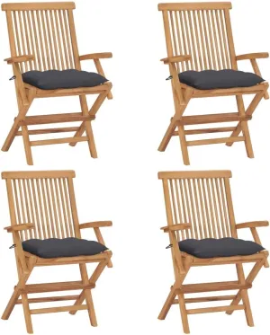 4-Piece Solid Teak Wood Patio Chairs Set with Anthracite Cushions, Foldable Outdoor Furniture for Garden Poolside Beach Camping, All-Weather Durable Wooden Chairs with Thick Padded Seating