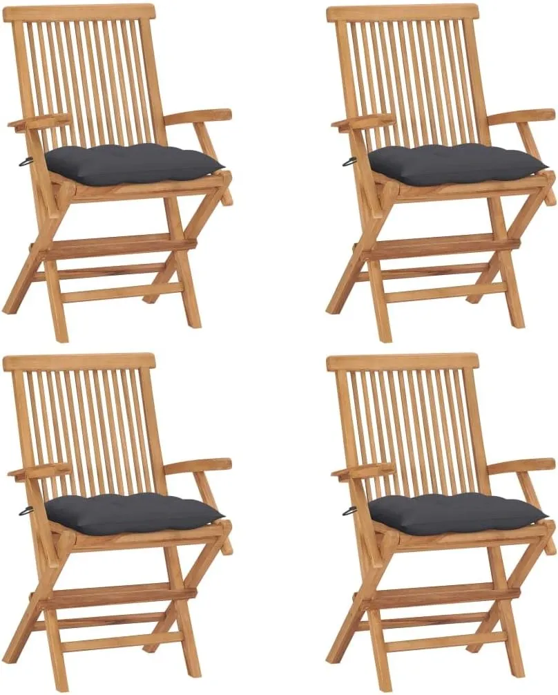 4-Piece Solid Teak Wood Patio Chairs Set with Anthracite Cushions, Foldable Outdoor Furniture for Garden Poolside Beach Camping, All-Weather Durable Wooden Chairs with Thick Padded Seating