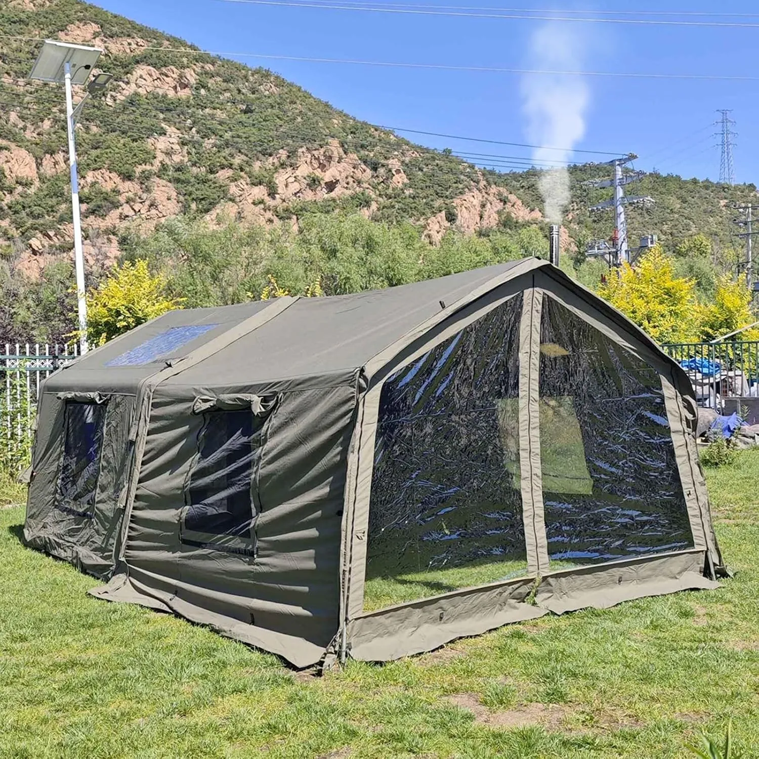 4 Season Cotton Inflatable Tent Pop-Up Tent with Detachable Awning & TPU Door and Windows,5-6 Person Family Camping Tent with 2 Stove Jack Holes and Cable Hole,Quick to Set up