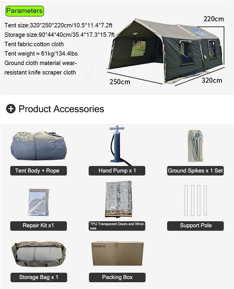 4 Season Cotton Inflatable Tent Pop-Up Tent with Detachable Awning & TPU Door and Windows,5-6 Person Family Camping Tent with 2 Stove Jack Holes and Cable Hole,Quick to Set up